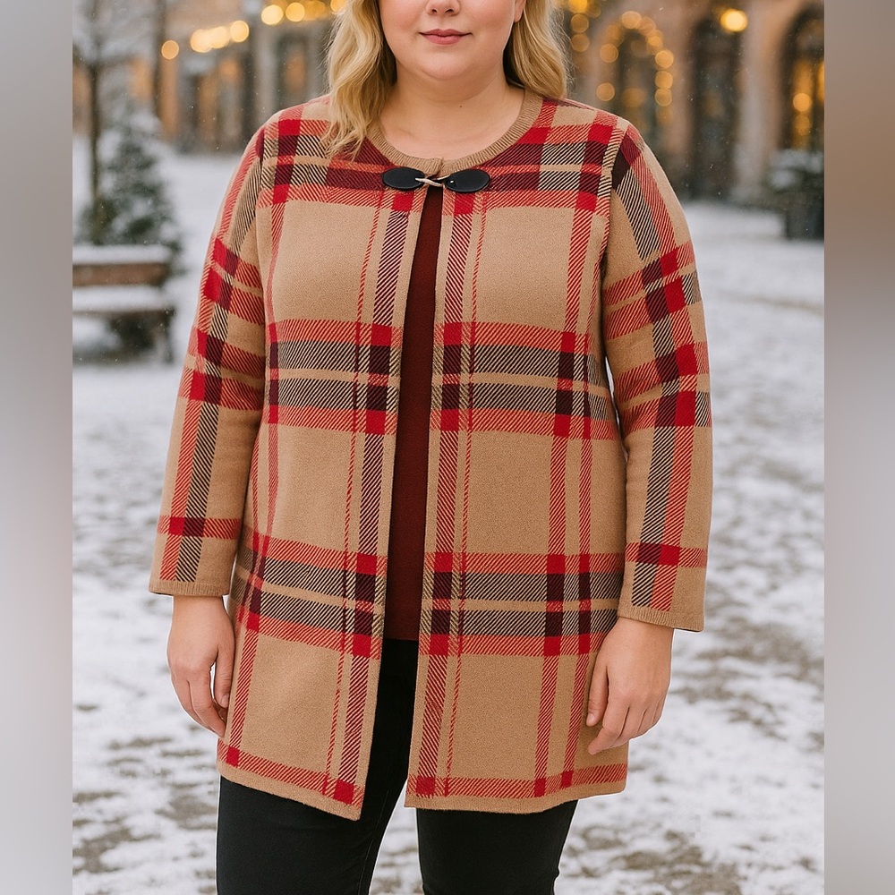 Birch NY Long Plaid Knit Cardigan Jacket NWT Size L